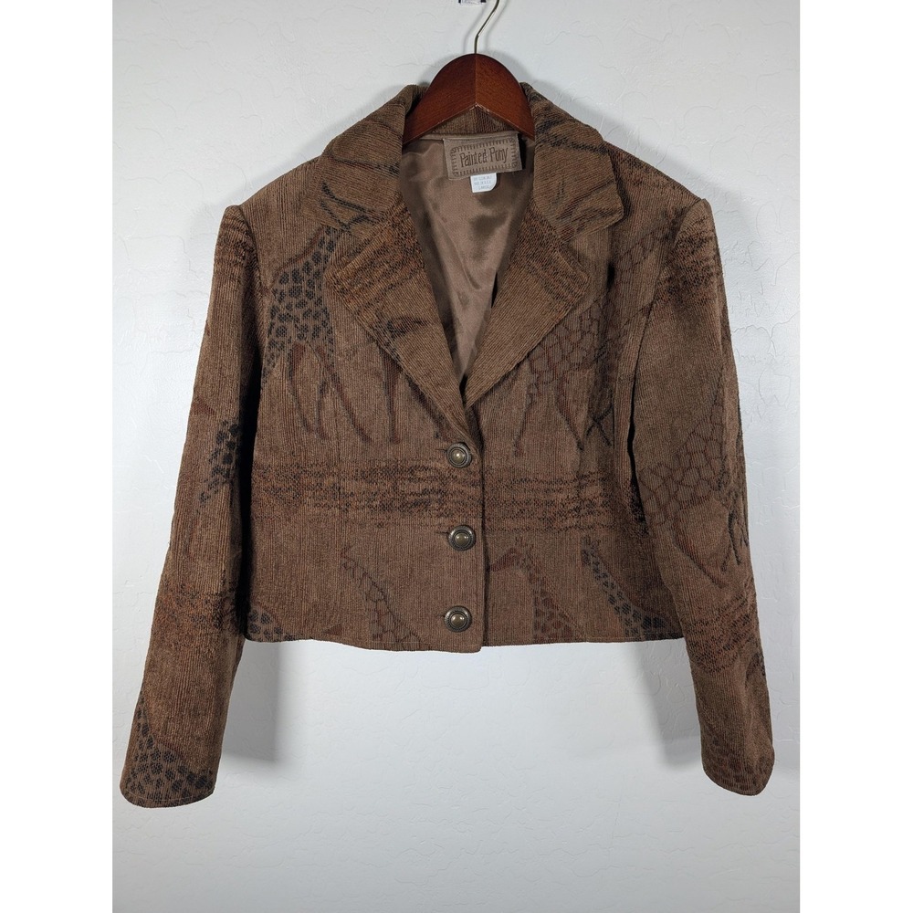 Painted Pony Blazer Womens‎ Large Brown Giraffe Tapestry Button Front Cropped